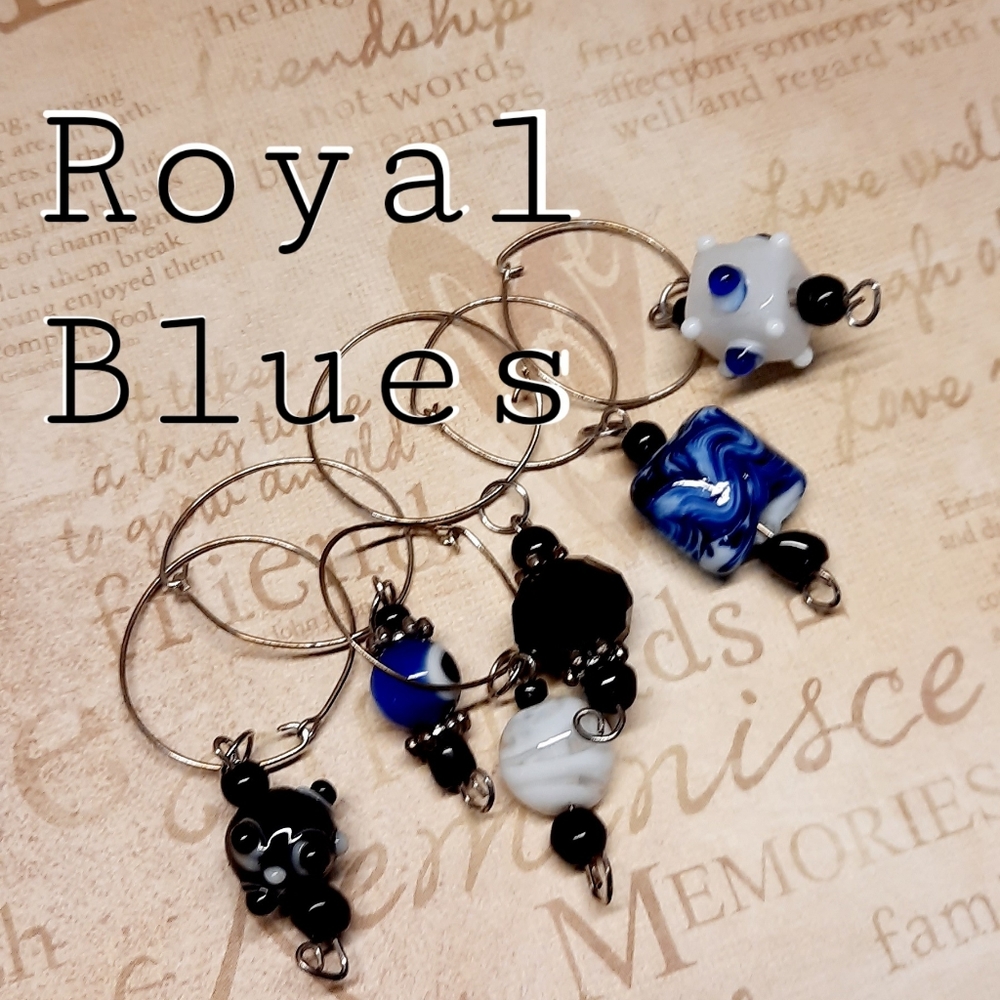 Wine Charms "Royal Blues" set of 6 hand crafted. 1" Silver rings and stems.